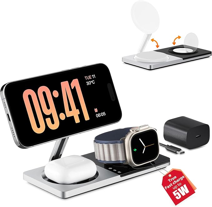 PETINO 3 in 1 Wireless Charging Station for Apple Devices with MagSafe | For iPhone 17/Air/16/15/14/13/12, AirPods & Apple Watch, Foldable Portable Aluminum Charging Stand, Adapter Included