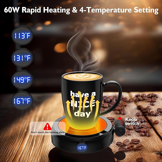 Coffee Mug Warmer & Mug Set, 60W Coffee Cup Warmer for Desk Home Office Use with 4-Temperature Settings, Auto On/Off Gravity-Induction, 14Oz Mug, Great Coffee Gift on Christmas/Birthday, 2025 Upgrade