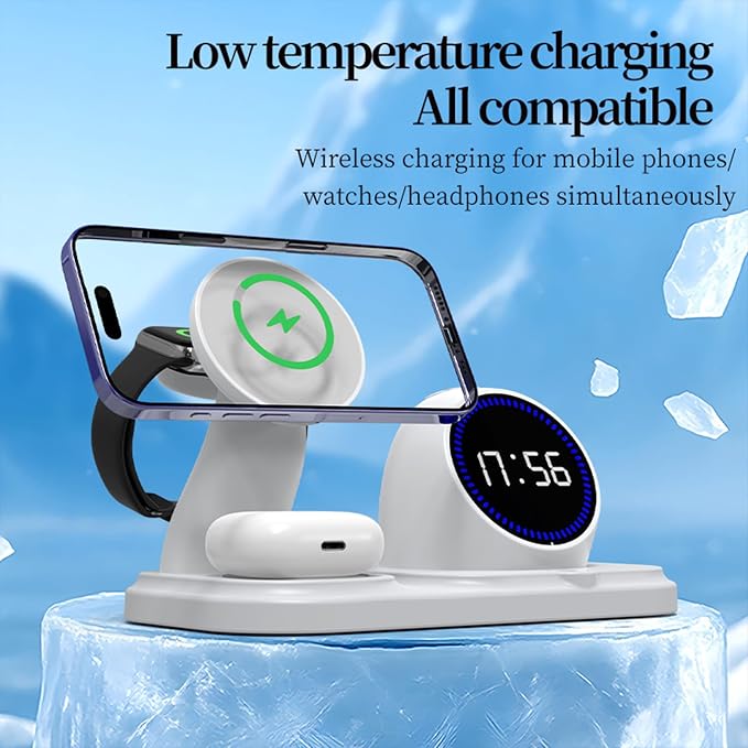 6 in 1 Wireless Charger for Apple Device，with Clock & 5 Color Ambient Light, Comes with Speakers,Nightstand Charger Station for iPhone 17/16/15/14/13/12/iWatch Series/AirPods (White)