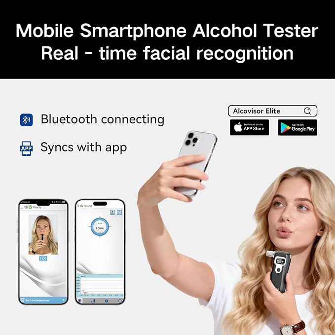 Smart Personal Breathalyzer - 8MM Fuel Cell Sensor Alcohol Tester with Bluetooth App, Portable Pocket Size for Personal Accountability & Social Safety, Real-Time Tracking, 6 Mouthpieces