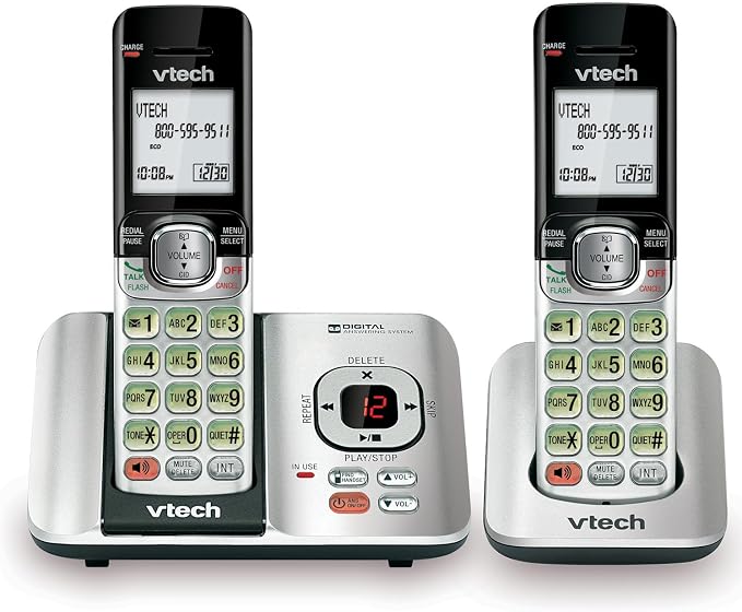 VTech CS6529-2 2-Handset Cordless Phone with Answering Machine, Caller ID/Call Waiting, DECT 6.0, Handset Speakerphone, Silver/Black