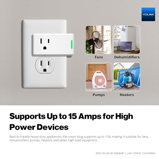 YoLink Smart Energy Plug 15A – 4-Pack, 1/4 Mile LoRa Range, High-Power Devices with Cycle Schedule, Real-Time Energy Monitoring, Overload Protection, Alerts, Alexa, Google, IFTTT, HA, Hub Included