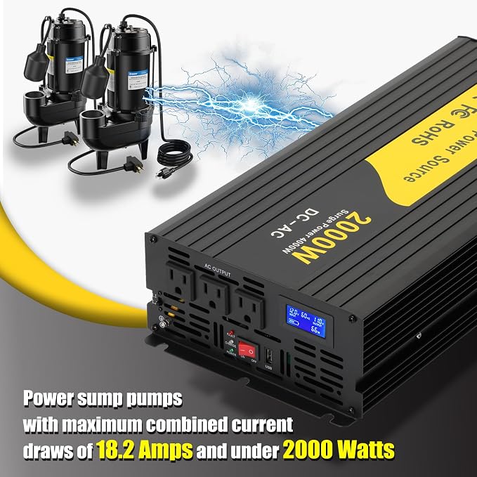 Miumoon 2000W Primary Sump Pump Backup System, Basment Protection Backup Inverter, Black, LCD Display, Auto Switches for Continuous Sump Pump Operation, Basement Emergency and Power Outage Backup