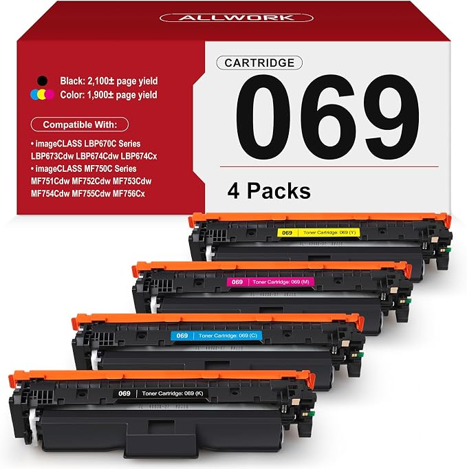 ALLWORK 069 Toner Cartridge (with Chip) Compatible Replacement for Canon 069 069 H Works for Canon Color ImageCLASS MF753Cdw MF751Cdw LBP674Cdw LBP674C MF750C LBP674C Series Printer 4 Pack Color
