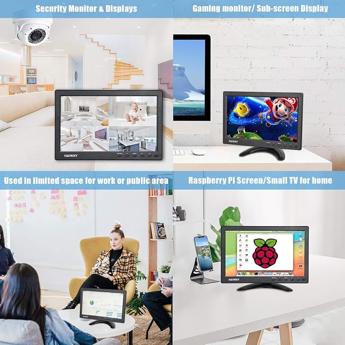 Haiway 10.1 inch Security Monitor, 1366x768 Resolution Small HDMI Monitor Small Computer Monitors with Remote Control with Built-in Dual Speakers HDMI VGA BNC USB Input for Gaming CCTV Raspberry Pi PC