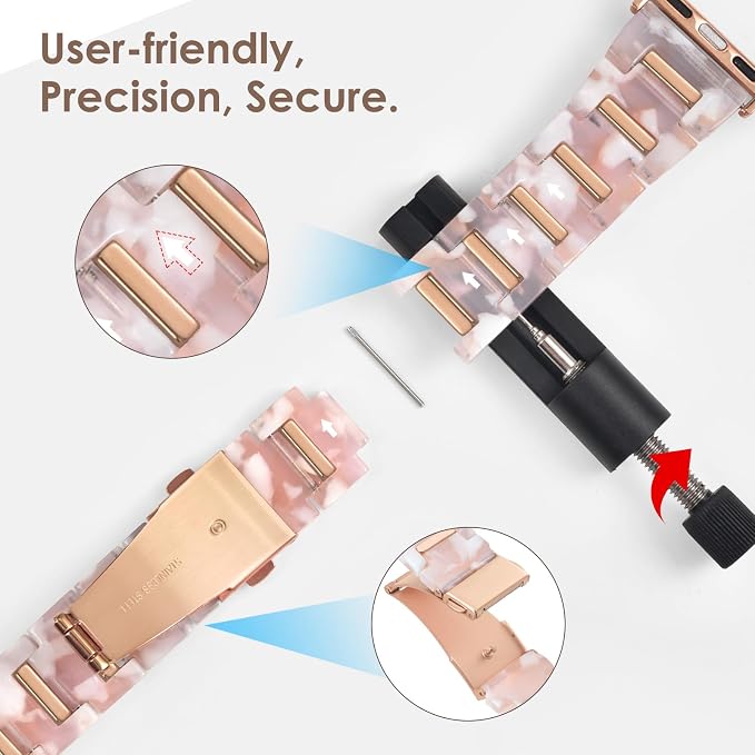 V-MORO Resin Metal Band Compatible with Apple Watch 42/44/45/46/49mm,Fashion Lightweight Bracelet with Polished Rose Gold Stainless Steel Inlay for iWatch Series 11/10/9/8/7/6/5/4/3/2/1/SE,Pink Flower