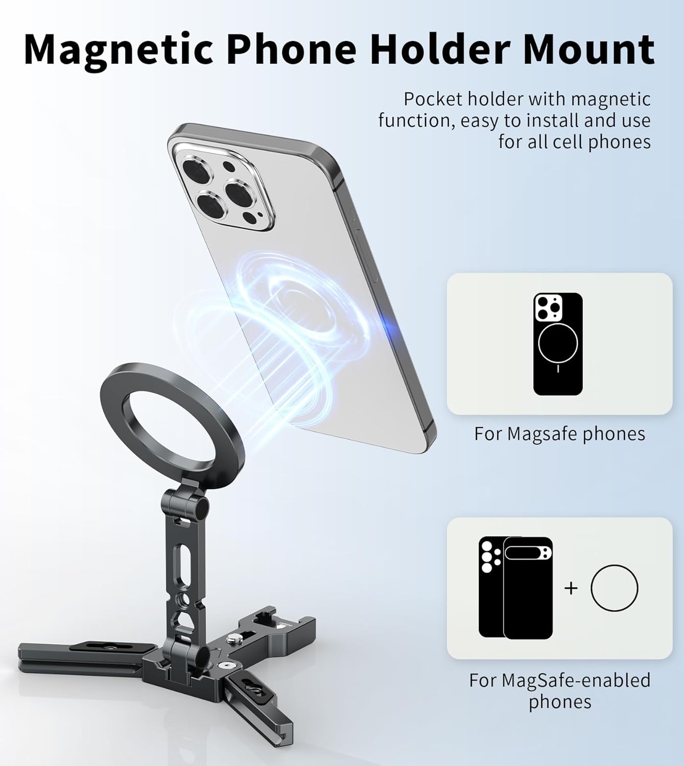 Magnetic Phone Tripod Stand,Foldable Cell Phone Holder for Magsafe with Arca-Swiss,1/4'' Screw Hole,Cold Shoe Mount,Pocket Mini Aluminum Selfie Stick Tripod Mount for iPhone/Android,Desk,Travel
