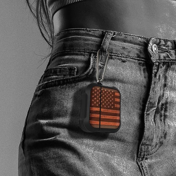 Carveit Wooden Case for AirPods 4 Case (2024) (USB-C) 4th Generation, Wood Artisan Engraved & TPU Shockproof Cover, Titanium Quick Released Clasp (American Flag) Rosy