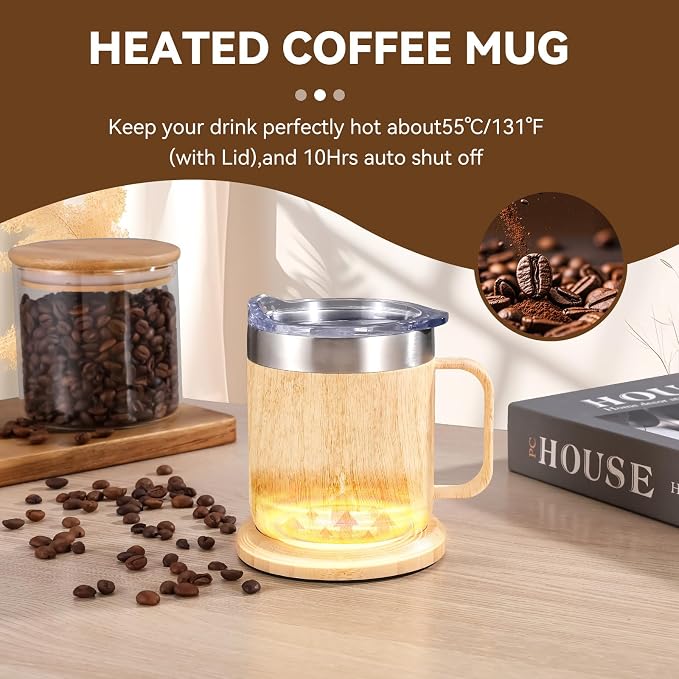 Gifts for Women Men, Heated Coffee Mug Up to 149°F, Ideal Gifts for Christmas, Birthday, Mother's Day, Father's Day or Any Occasion (12oz Bamboo)