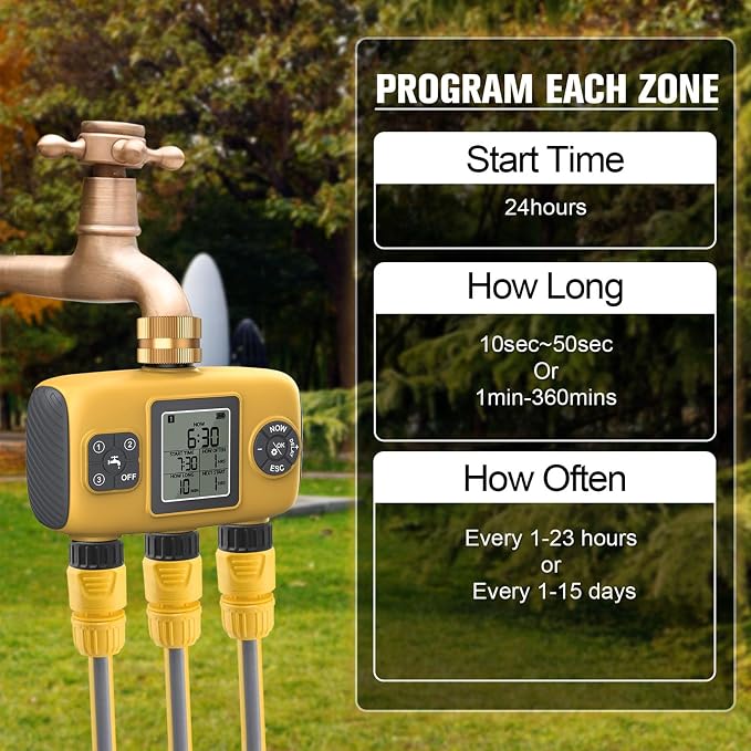 3 Outlet Programmable Hose Timer, Brass Inlet Rain Delay Watering Controller, for Yard Lawn, Real Time Start Countdown