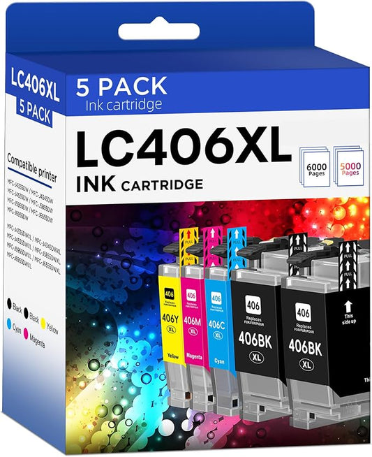 LC406XL LC406 Ink Cartridges Compatible for Brother LC 406XL LC 406 XL LC 406 Ink for MFC-J4335DW MFC-J5855DW MFC-J6555DW MFC-J4535DW MFC-J6955DW MFC-J4345DW MFC-J5955DW Printer (5 Pack, 2 BK/C/M/Y)