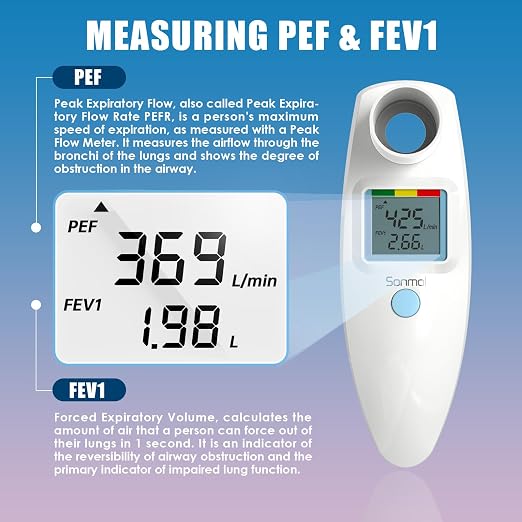 Sonmol Digital Peak Flow Meter PEF FEV1 Tester with Color Indicators | Digital-Grade Precision • Color Indicators • App & Manual Tracking