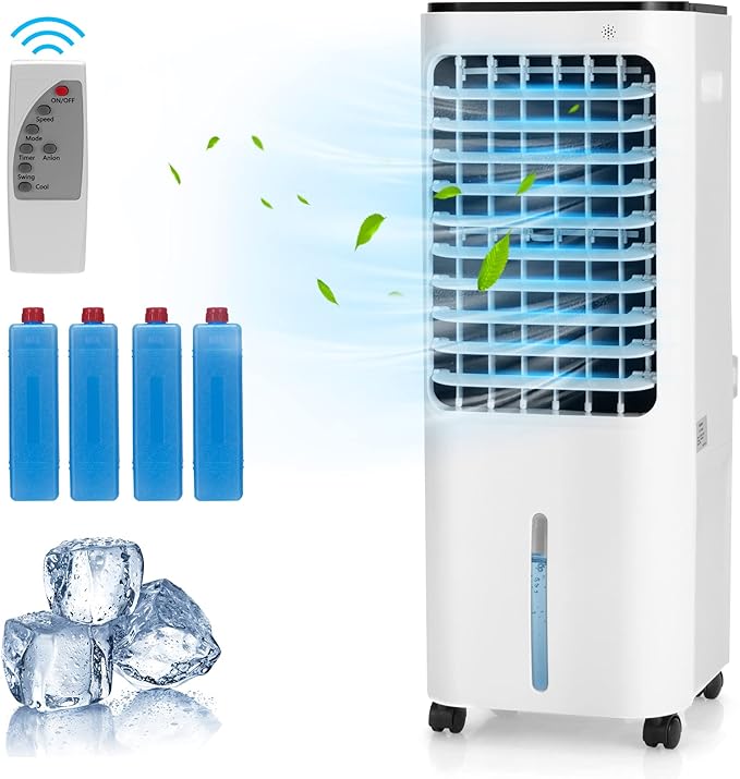 GOFLAME 4-IN-1 Evaporative Air Cooler, Portable Air Cooling Fan Air Humidifier with 4 Ice Packs and Remote Control, Quiet Swamp Fan with 3 Speeds & 4 Modes, 12L Water Tank, 7.5H Timer