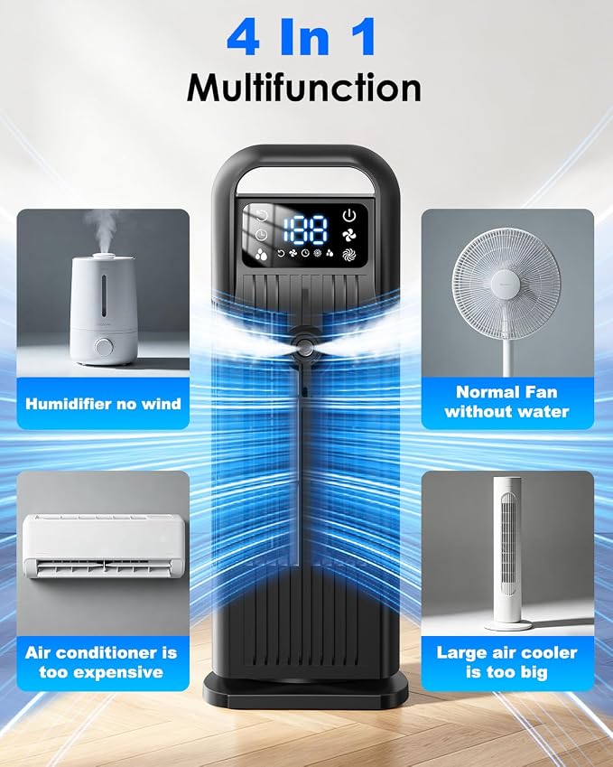 Portable Air Conditioner, 4 in 1 Evaporative Air Cooler with Remote Control, 1200ML Water Tank, 120 Oscillating, 4 Speeds, 12H Timer, Mist Spray Tower Fan for Home Office, Black