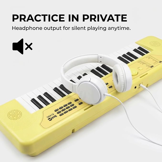 RockJam 49 Key Keyboard Piano, Portable Electronic Music Keyboard with Speakers, USB-C Power or Battery Operation, Headphone Input, 200 Tones, 200 Rhythms, Note Stickers & Lessons