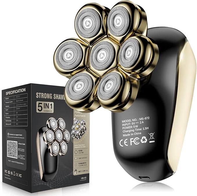 Head Shavers for Bald Men: 5-in-1 Electric Razor with 7D Floating Blades - IPX7 Waterproof Grooming Kit, Detachable Magnetic Head, 90-Min Wet Dry Gifts for Father's Day (Gold)