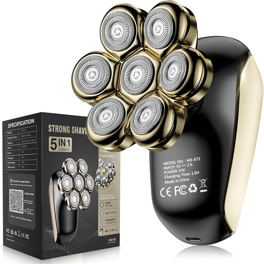 Head Shavers for Bald Men: 5-in-1 Electric Razor with 7D Floating Blades - IPX7 Waterproof Grooming Kit, Detachable Magnetic Head, 90-Min Wet Dry Gifts for Father's Day (Gold)