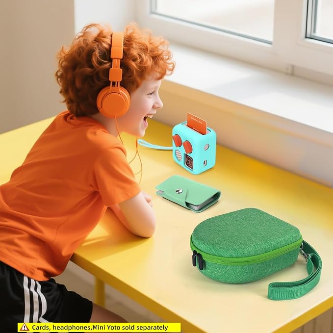 Hard Case Compatible with Yoto Mini (2024 Edition), 3-in-1 Travel Bundle: Silicone Cover + Case with Shoulder Strap (Fits Mini Player & Headphones) + Up to 10 Card Holder for YOTO Cards (Green)