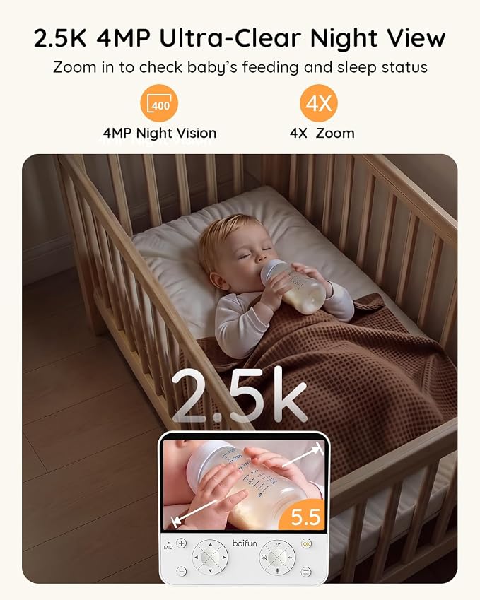 BOIFUN AI Baby Monitor with Camera and Audio, Safety Alerts (Tummy Sleeping & Face Area), WiFi Smartphone APP Control, Colorful Night Light, 2K HD Night Vision, Motion & Cry Detection, Two-Way Talk