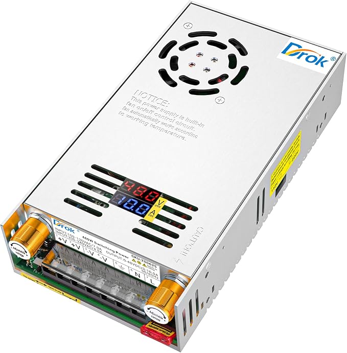 DROK 48V Power Supply, AC 110V/220V to DC 0-48V 0-10A 480W Buck Converter, Volt Amp Adjustable Adapter Regulated 5V 12V 24V 30V 36V 48V Volt Switching Voltage LED Transformer Charger for Computer