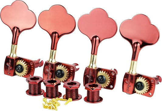 Guyker Bass Tuners (4 for Right) - 1:22 Ratio Gear Open Frame Bass Drop Locking Machine Head Tuning Key Pegs Replacement for Electric Jazz Guitar Bass or Precision Instruments, BB100 Red