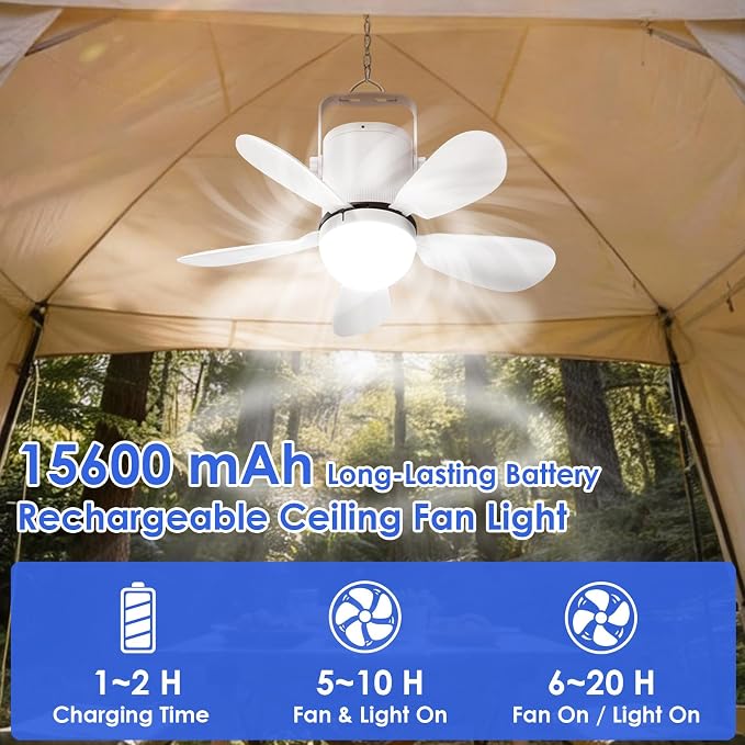 Ceiling Fan Light, Battery Operated Gazebo Fan Light with Remote, Portable Rechargeable Camping Fan Light for Outside, Wireless, for Outdoor Tent Canopy Porch Patio Greenhouse RVs Pergola