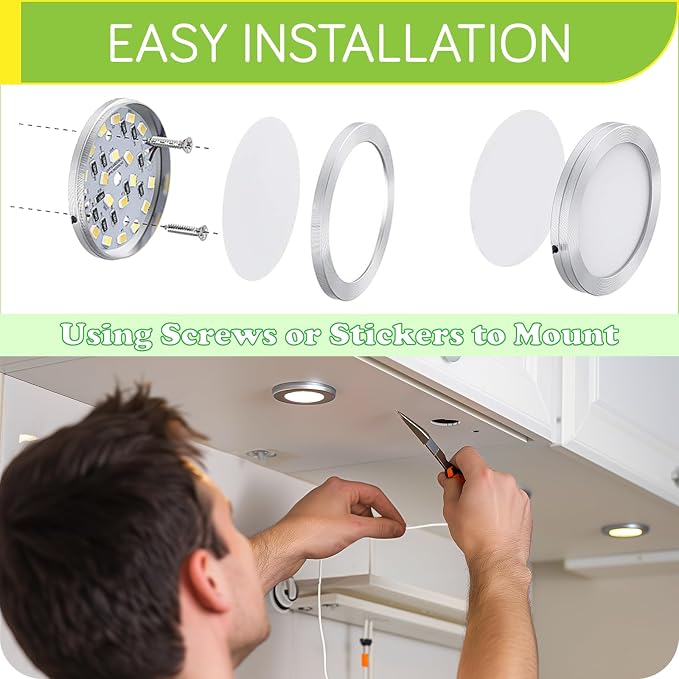 Hardwired Under Cabinet Lighting Kit, LED Under Counter Puck Lights, 120V Electric Wall Plug Adapter, Remote Control Dimmable, 10 Ways Octopus Junction Box, 10 Lights, Cool White