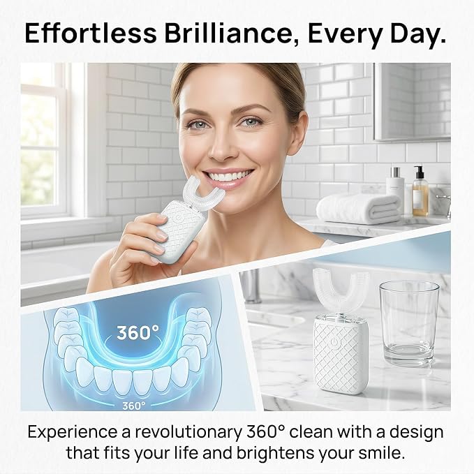 Sonic Electric U Shaped Toothbrush for Adults, Automatic Full Mouth Cleaning Toothbrush, 360° Stain Removal, IPX7 Waterproof Rechargeable, 3 U-Shape & 2 Straight Brush Heads (White)