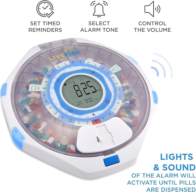 LiveFine WiFi Automatic Pill Dispenser and Remote Medication Monitoring System with Locking Key, 28-Day Medication Organizer Up To 9 Doses Per, Adjustable Light/Sound Alarms For Prescriptions & Vitami