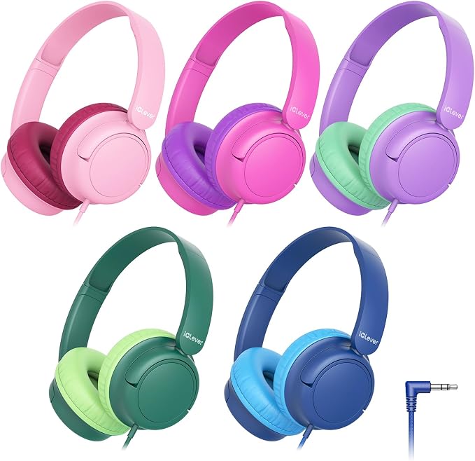 iClever Kids Wired Headphones for School Students K-12 & Teachers, Durable PP Material, Tangle Free, Kids Headphones with Cord Multiple Folding Options Suitable for School/Home/Travel, Bulk 5Pack
