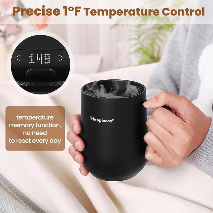 Happiness Smart Heated Coffee Mug 12oz,Rechargeable Electric Self Heating Temperature Control Coffee Cup Gifts for Mom Dad Women Men