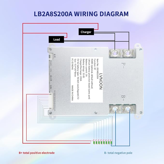 LB2A Smart Active Balancer BMS for Li-ion NCM LFP LiFePo4 LTO Battery Management System 3S 4S 5S 7S 8S 200A with APP Control 12V 24V (3-8S, 200A)