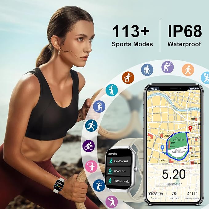 Jugeman Smart Watches for Women(Answer/Make Call), 1.96" HD New Smartwatch with Heart Rate/Sleep Monitor/Pedometer/Calories, 113+ Sports Modes, Fitness Watch IP68 Waterproof for Android iOS