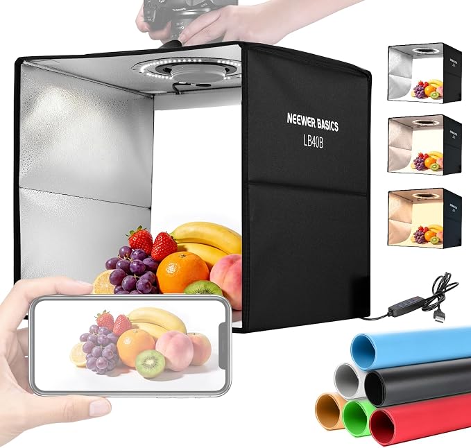 NEEWER Basics Photo Studio Light Box, 16"x16"x15" Bi Color Folding Photo Booth Shooting Tent with 6 Color Backdrops, 120 LEDs CRI95+ Dimmable for Tabletop Jewelry Electronics Food Photography, LB40B