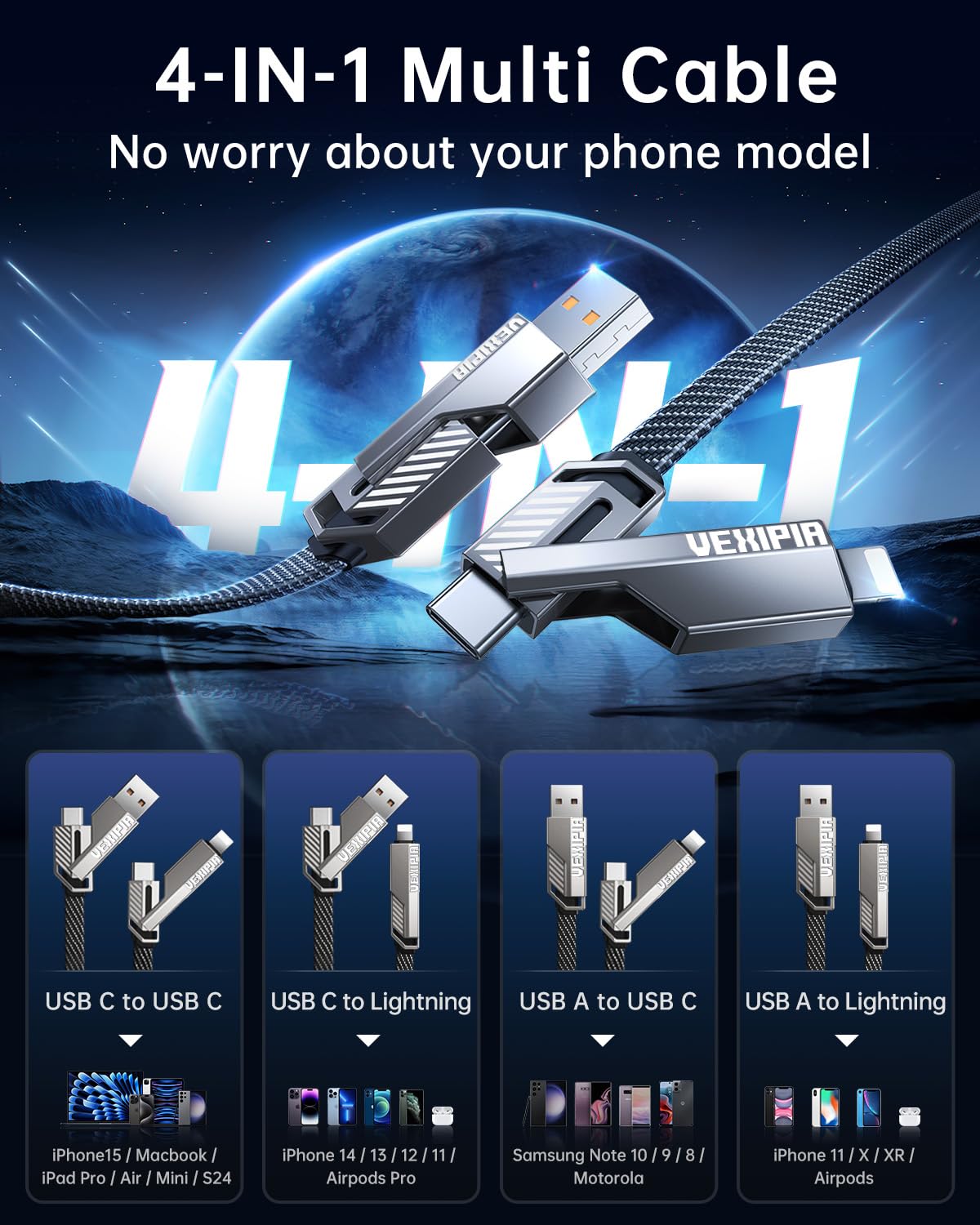 [Upgraded] Vexipia 4-in-1 Long USB C Cable 45W 10FT Lightning Cable Fast Charging Flat Nylon Braided for iPhone iPad Charger Cord[480Mbps Data Sync] Multi Charge Combo with Lightning/Type C/USB A Port