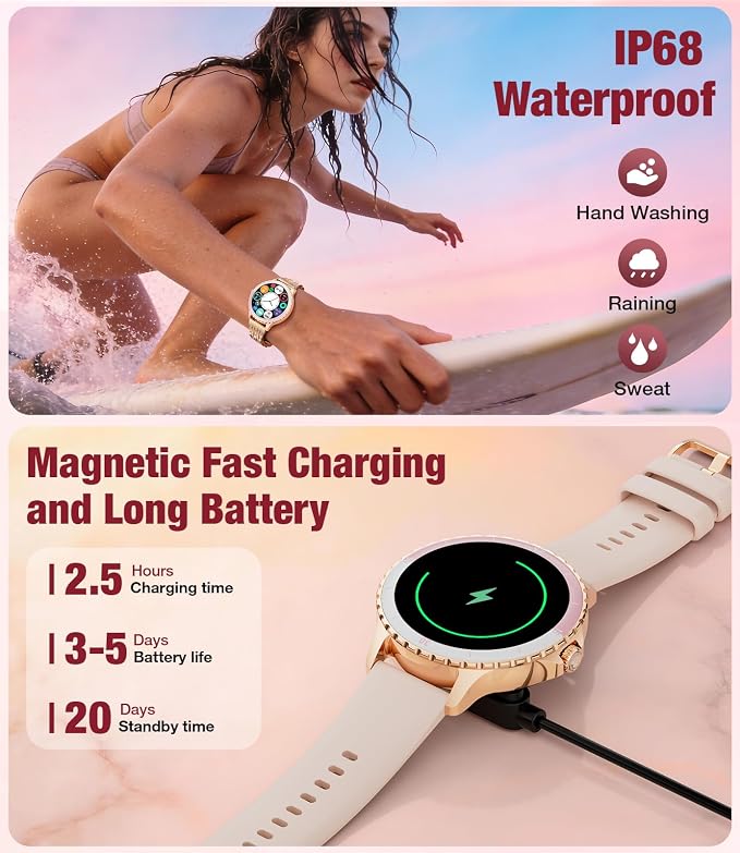 SUNKTA Smart Watch for Women (Answer/Make Call),1.27" Curved Display Smartwatch with Female Cycle/Sleep Monitor,5ATM Waterproof Fitness Tracker 100 Sport Modes Pedometer for Android/iOS,Gold Diamond
