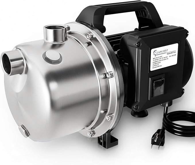 LANCHEZ Shallow Well Pump, Stainless Steel Garden Irrigation Pump, 115V Water Transfer Pump, Water Booster Jet Pump for Home Garden Lawn Farm, Black