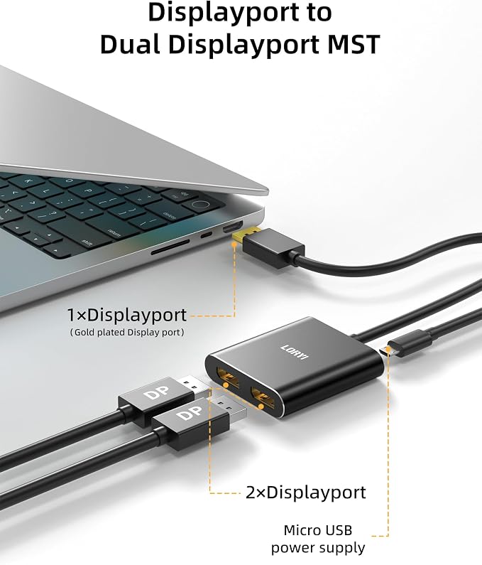 Displayport to Dual DisplayPort Splitter Adapter,4K60Hz MST Displayport hub 1 in 2 Out Display Port for Dual Monitors,DP1.4 Display Port Splitter for Desktop, Laptop,Extend Display
