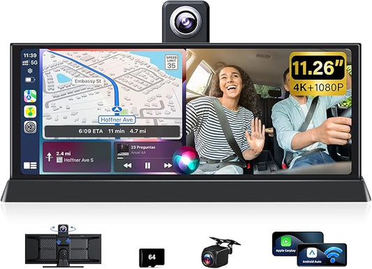 11.26'' 4K Carplay Screen for Car Tablet Pro Max 2026 with 350° Rotatable Lens Wireless Apple Carplay Android Auto Screen 4K Dash Cam Bluetooth GPS Navigation Voice Control Unique Bracket WIFI TF-64GB