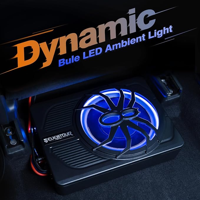 10" Upgrade 800W Slim Under Seat Powered Car Subwoofer, Car/Truck Audio Sub Built in Amplifier amp Combo Package, with Blue LED Light (Subwoofer+Installation Wire Kit)