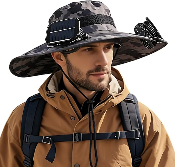 Solar Powered Fan Sun Hat for Men, UPF 50+ Wide Brim Cooling Bucket Hat, Sombrero para El Sol Hombre for Fishing Hiking Beach