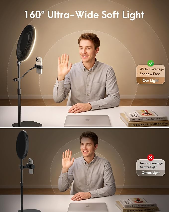 Full-Panel Ring Light with Stand and Extra-Long Flexible Phone Arm for Podcast & Streaming, 10" LED Video Light for Desk, Laptop & Computer, Dimmable Studio Lighting for Recording & Content Creation