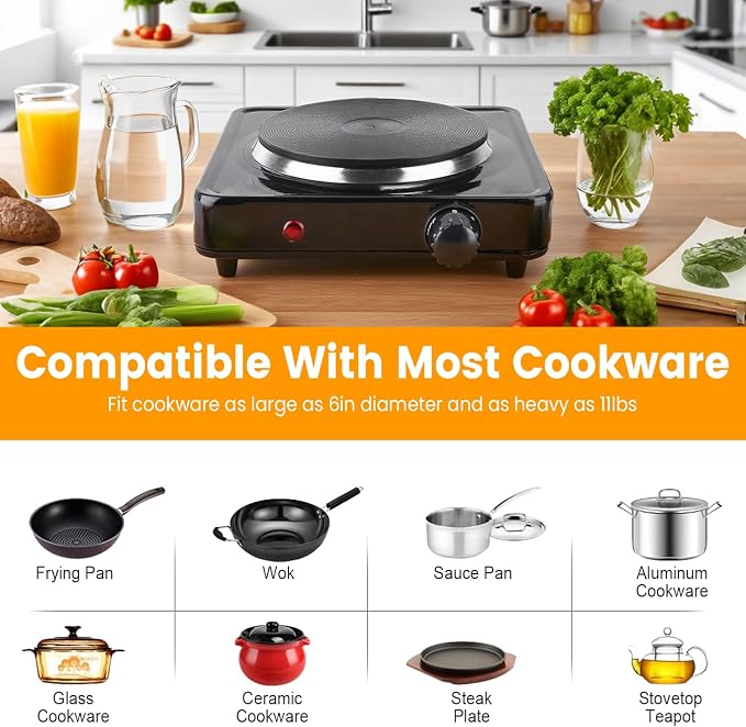 Electric Burner, Electric Hot Plate for Cooking Portable Cooking Stove, Countertop Burner Cooktop for Kitchen, Dorm, Temperature Control, Easy to Clean, Black