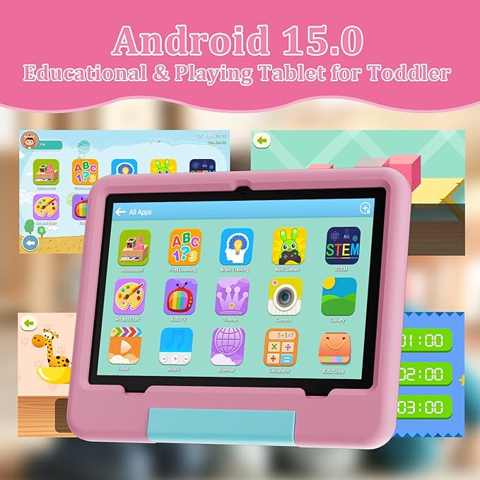PEICHENG Tablet for Kids with EVA Protective Case, Android 15.0 Toddler Tab PC 10.1Inch RAM 20GB(4+16Expand) + ROM 128GB IPS 800 * 1280 5.0Bluetooth (Pink)