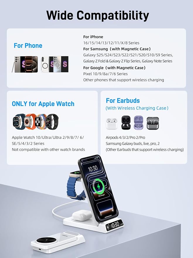 3 in 1 Charging Station for Apple, ELECDOV Magnetic Charger for iPhone, Foldable Wireless Charger with Clock, Travel Watch Charger Stand for iPhone 17/Air/16/15 Series, iWatch 10/AirPods 4 (White)