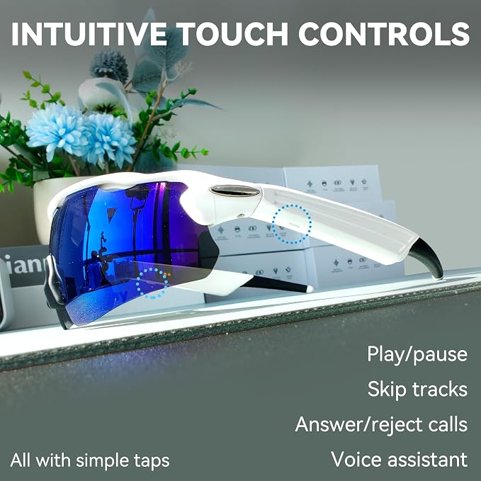 Bluetooth Smart Sunglasses for Men Women, Open-Ear Speaker Glasses with Touch Control, UV400 Polarized Lens, 5-6H Playtime for Outdoor Sports,White and Blue