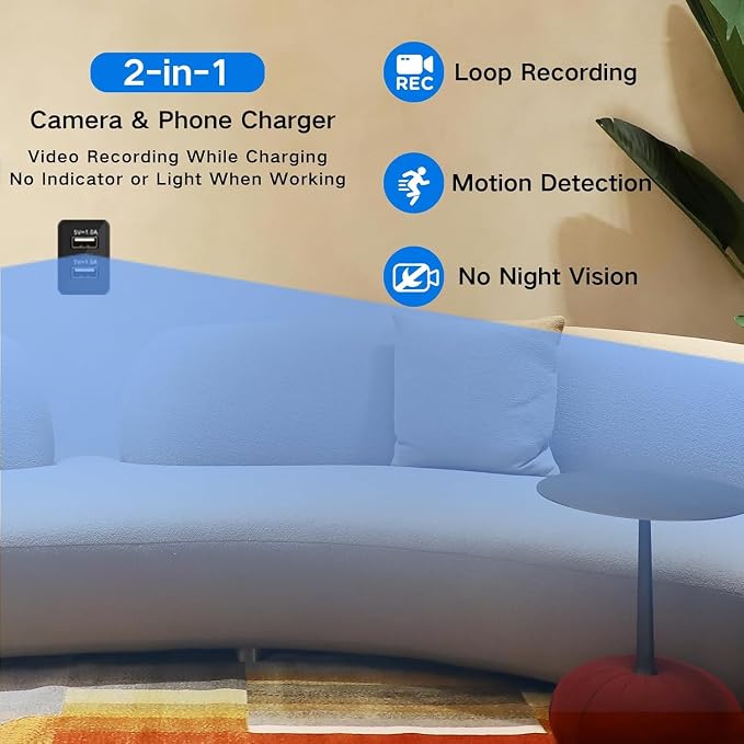 2026 Upgraded 1080P HD Hidden Camera Charger Wireless Security Camera and Nanny Cam with Motion Detection Loop Recording and Wide-Angle,WiFi Camera for Indoor Home & Pets 3-Modes Easy Setup (Black)