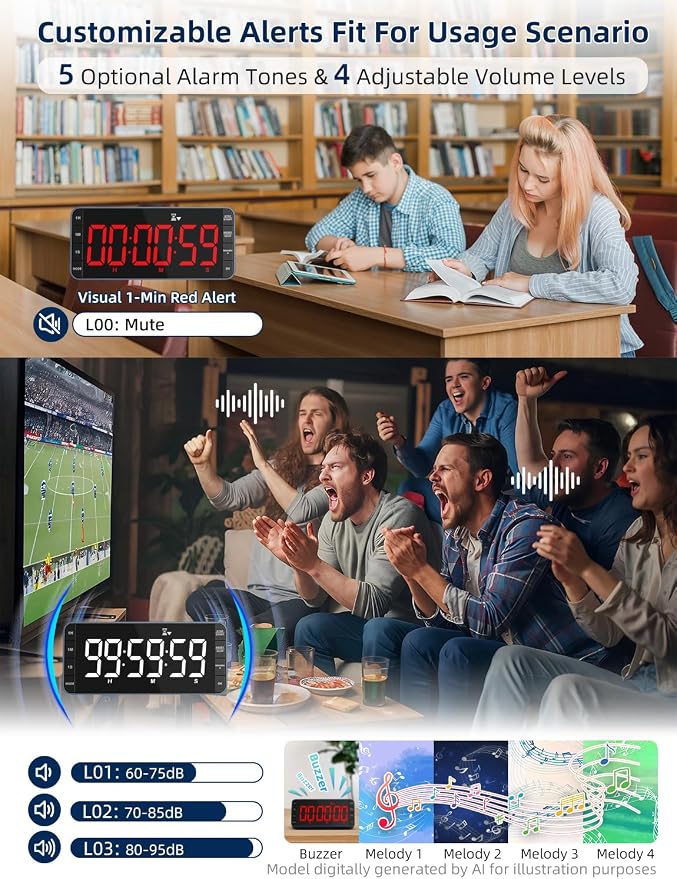 7.8" Digital Kitchen Timer with Large LED Display, Magnetic Rechargeable Countdown Timer, 5 Alarms & 4 Volume Levels, 99H Count Up/Down Timer for Cooking, Classroom & Study