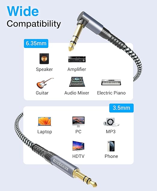 BlueRigger 6.35mm to 3.5mm Audio Cable (10FT, 90 Degree Bi-Directional, 6.35mm 1/4" Male to 3.5mm 1/8" Male TRS, Right Angled Braided Stereo Audio Cable for Cellphone, Amplifiers, Guitar, Speaker