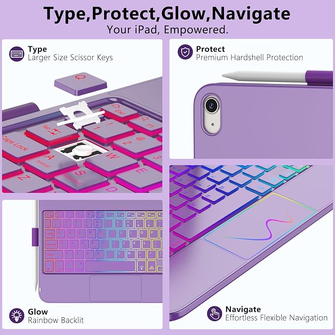 HOTLIFE for iPad A16 11th Generation/10th Generation Case with Keyboard,Touch Keyboard for iPad 11" /10th Gen 10.9 inch 2022-10 Color Backlight, 360° Rotatable Protective Cover (Purple)
